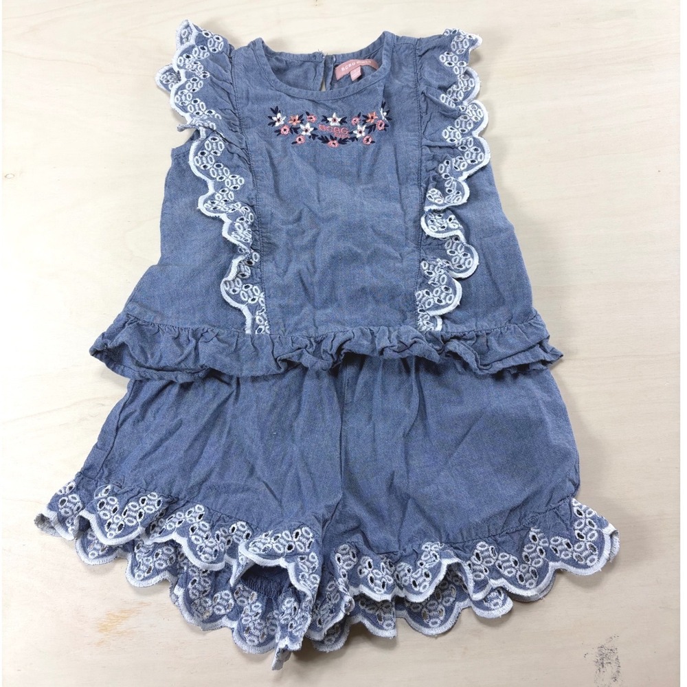BCBG Girls Chambray 2 Piece Set Blue Floral Embroidery Eyelet Ruffle Size 5